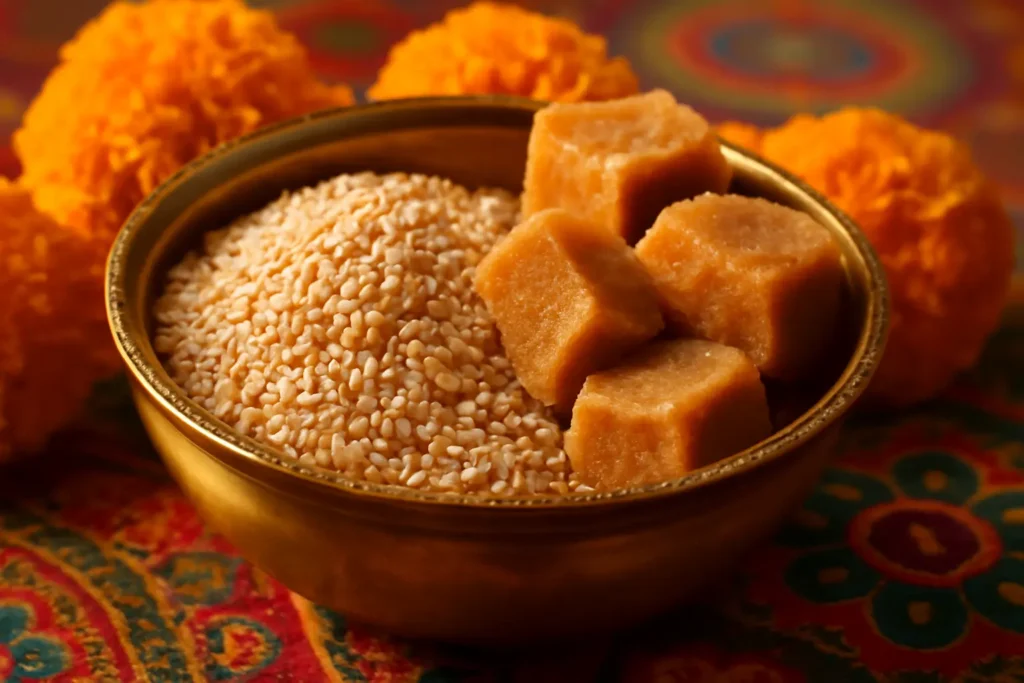 Bowl filled with sesame seeds (til) and jaggery (gur) – a healthy Indian winter superfood