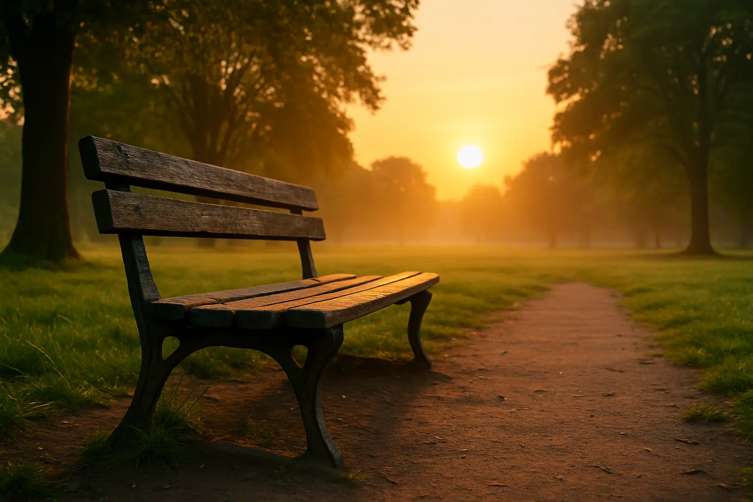Peaceful old wooden park bench under a tree on a sunny day, symbolizing happiness and serenity