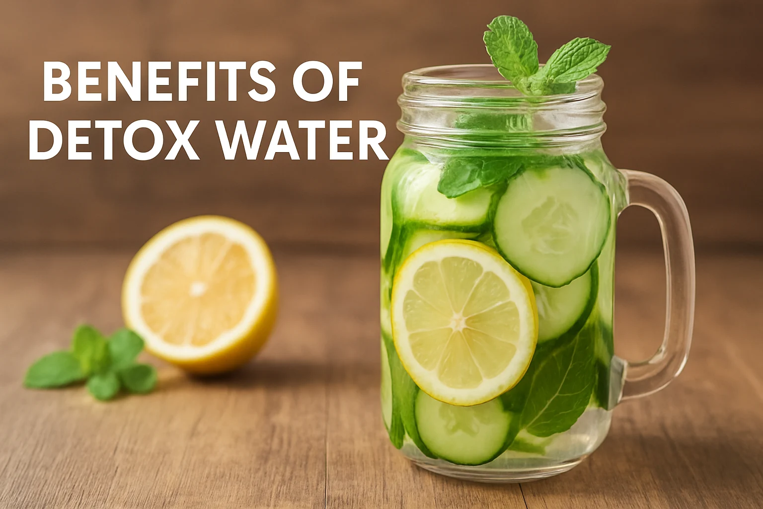 Benefits of detox water with lemon, cucumber, and mint in a glass jar.
