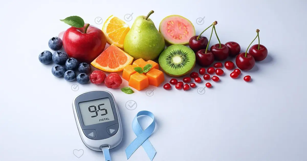 Fresh diabetes-friendly fruits like apples, berries, papaya, and guava for stable blood sugar.