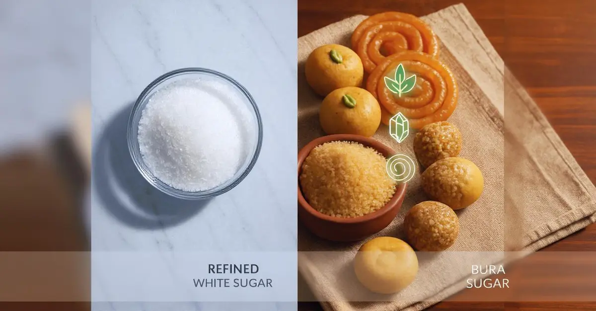 Bura sugar in a bowl with Indian sweets – a healthy alternative to refined sugar