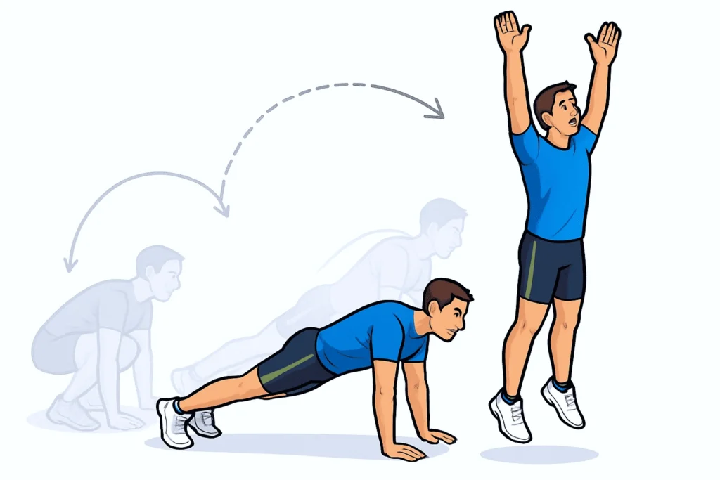 Person doing burpees at home workout for fat burning cardio