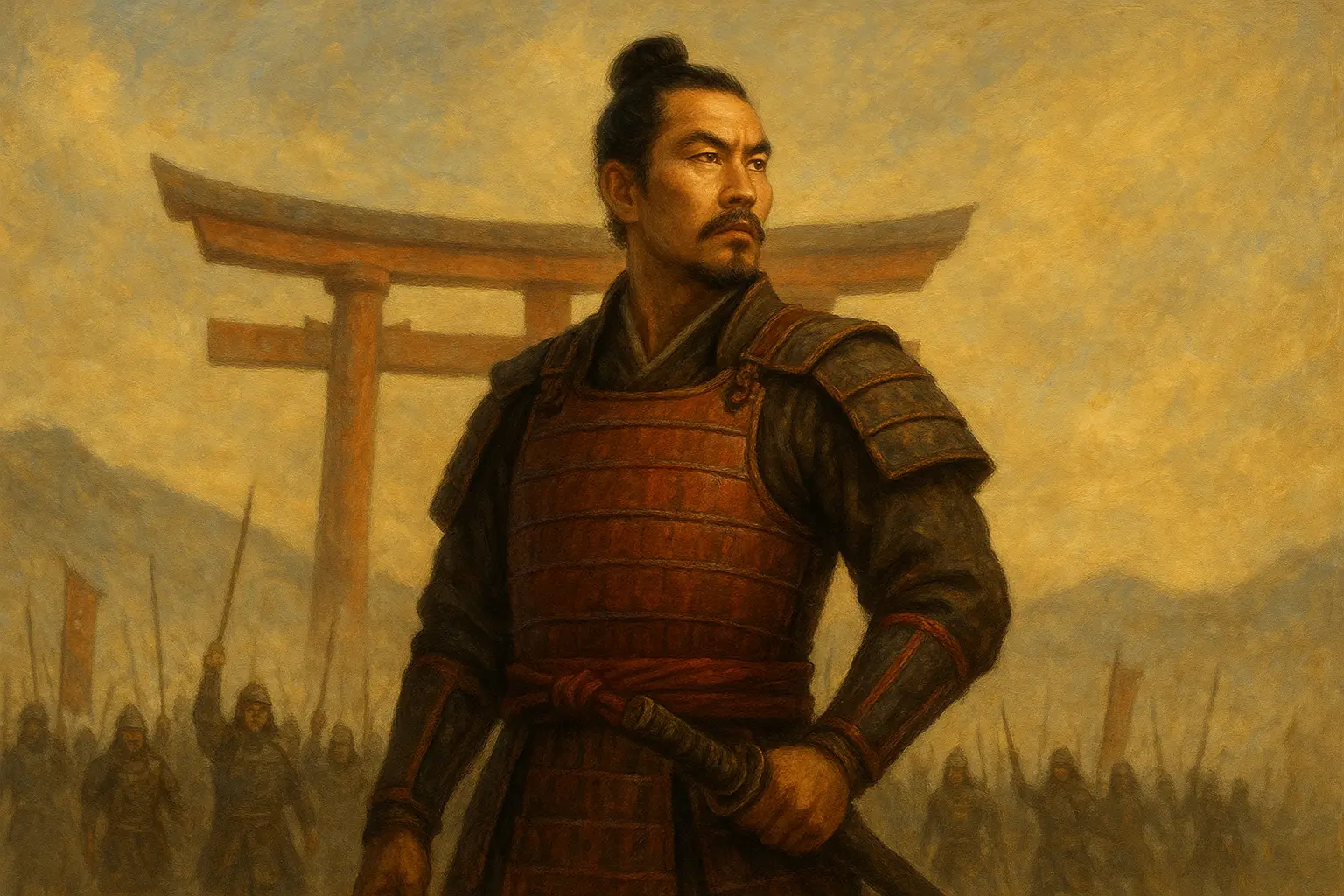 Samurai warrior Nobunaga in red armor standing confidently before a torii gate, with soldiers in the background, symbolizing confidence over luck