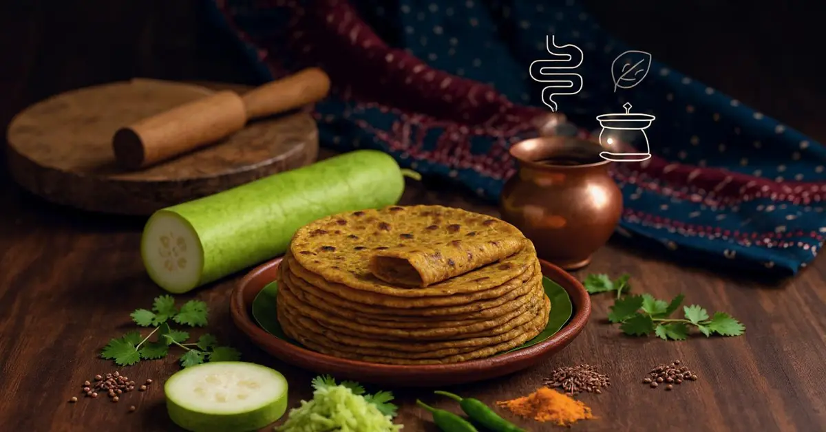 Freshly cooked Lauki Thepla served with yogurt and pickle for healthy digestion.