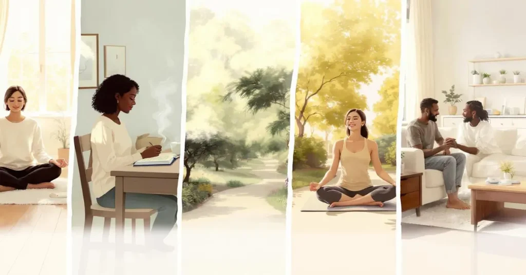 Person practicing self-care activities like meditation, journaling, exercise, and relaxation to boost mental health