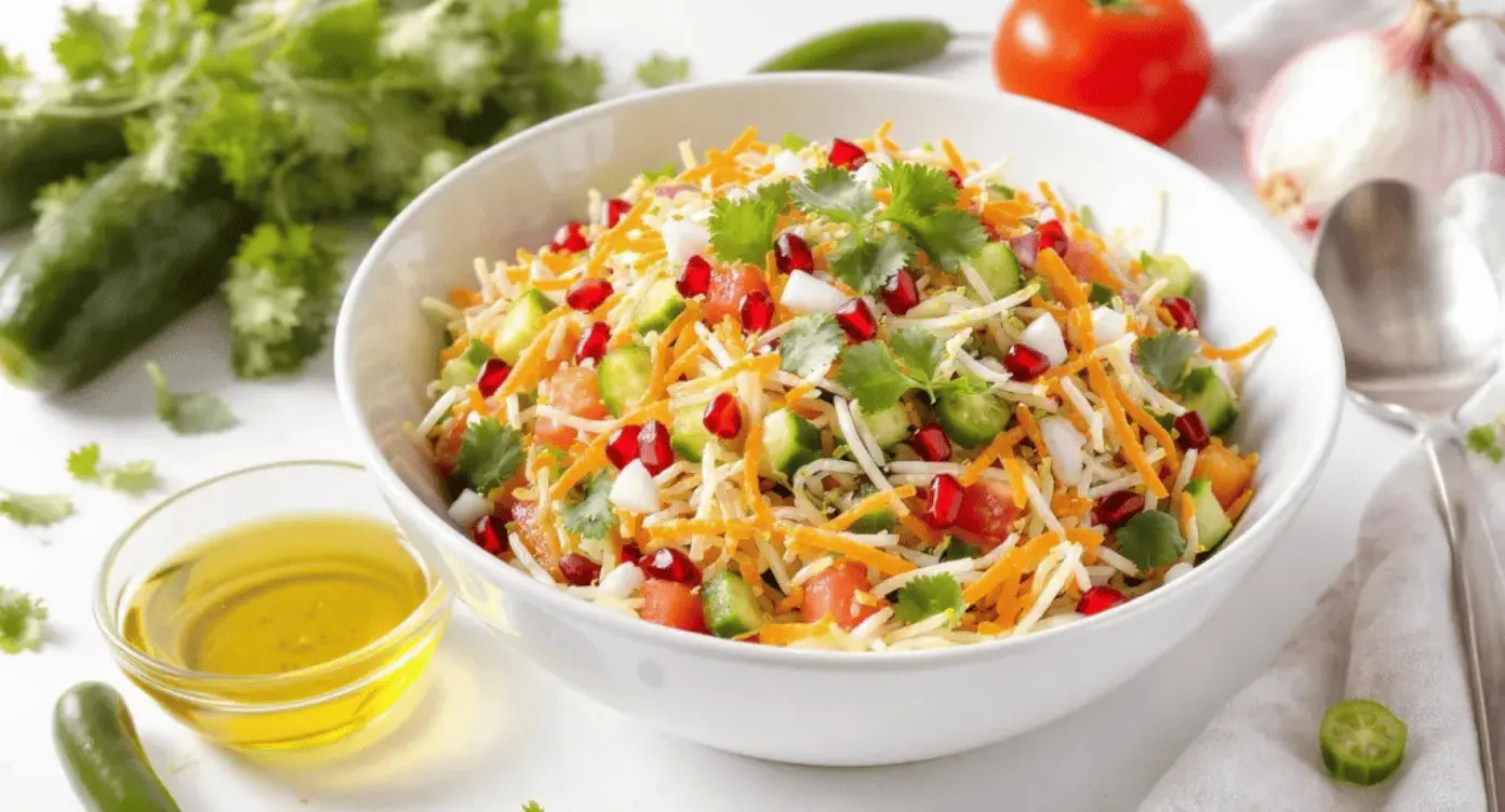 Bowl of fresh sprouts salad with cucumber, tomato, pomegranate, and lemon dressing