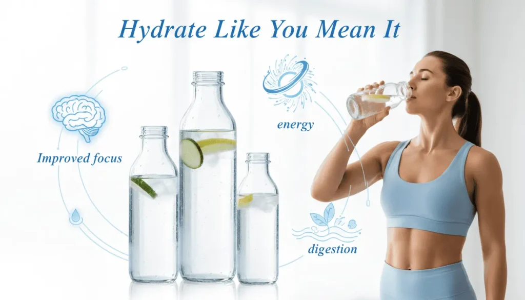 Daily hydration benefits with a glass of water for energy, digestion, and overall health