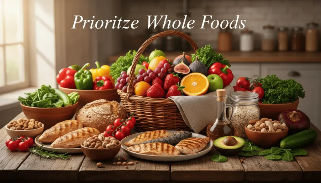 Whole foods health benefits with fruits, vegetables, nuts, whole grains, and clean eating tips