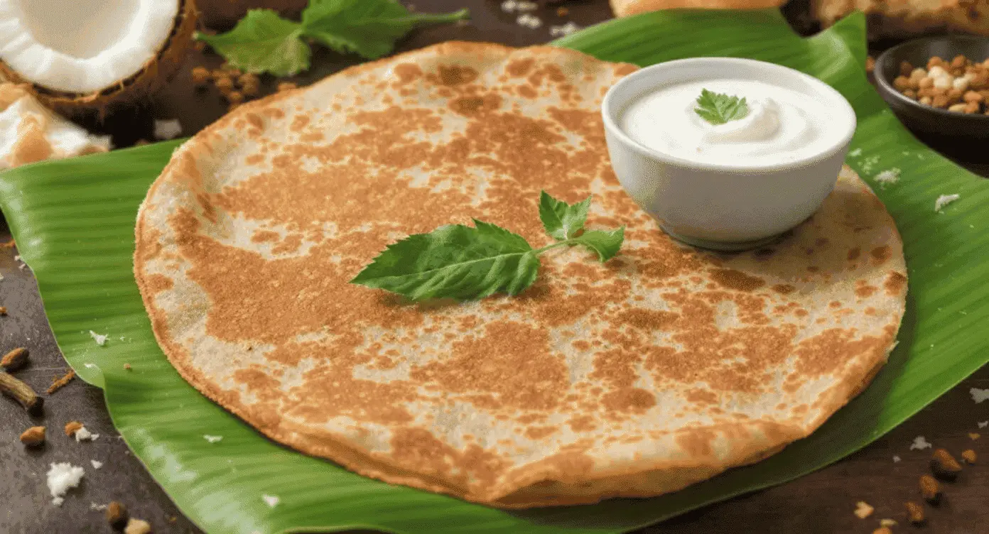 Crispy ragi dosa served with fresh coconut chutney in a bowl on a wooden table
