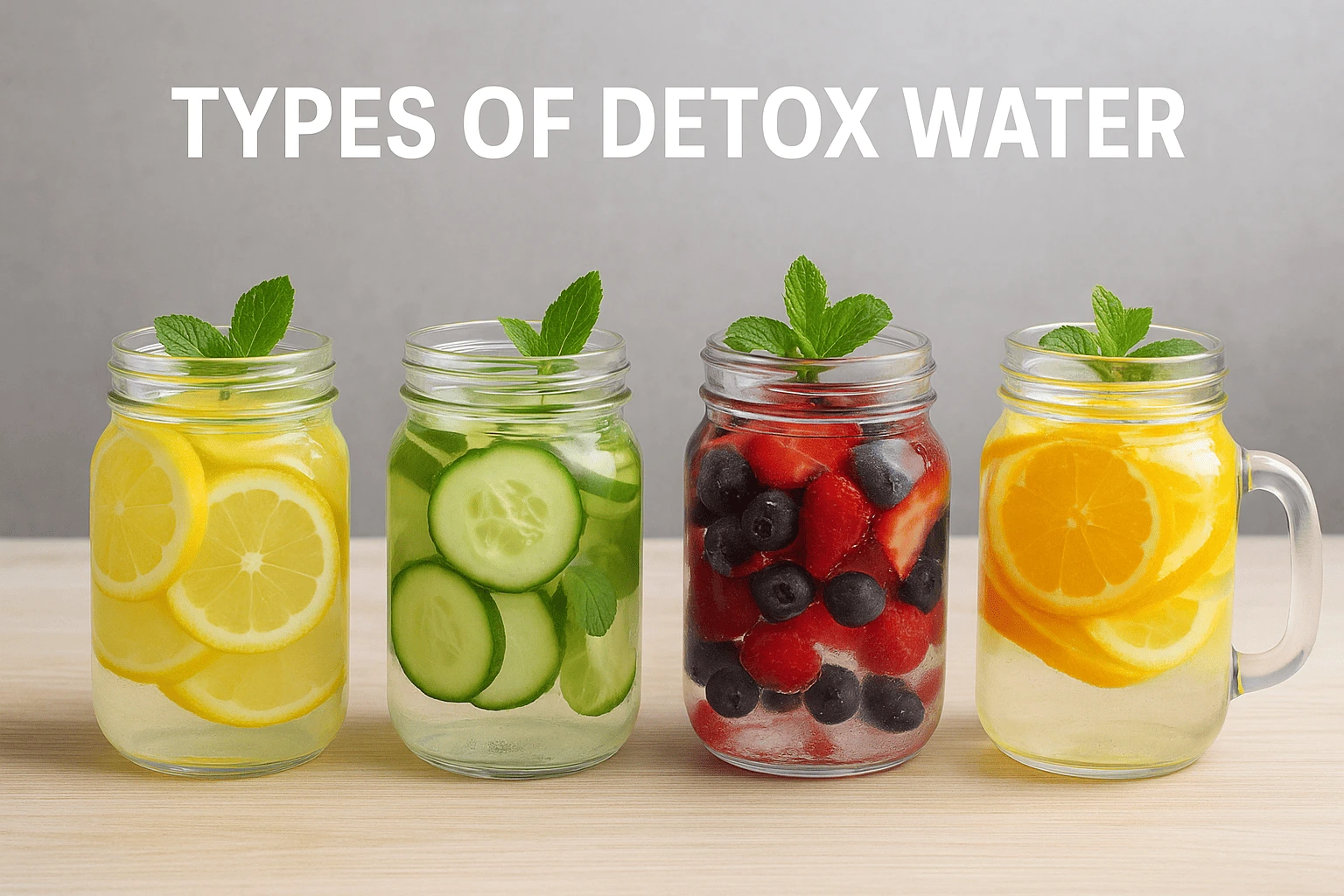 Types of detox water with fruits, cucumber, lemon, and herbs in glass jars