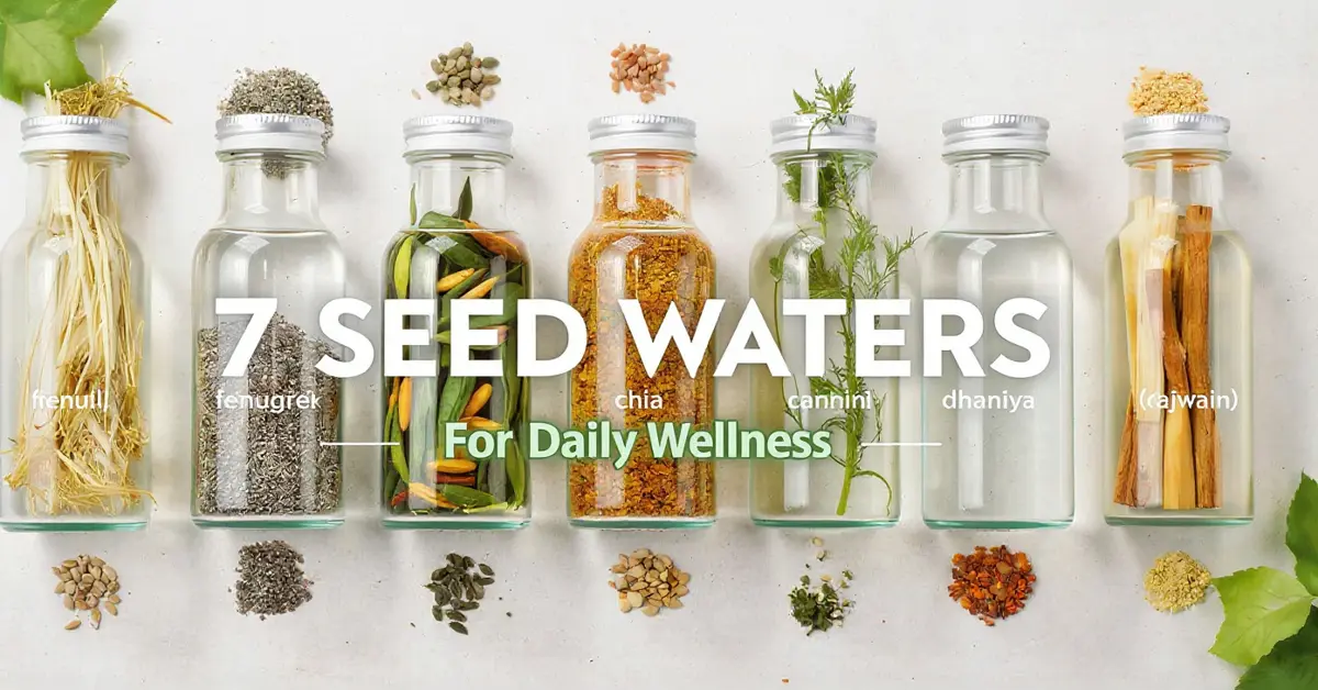 7 Seed Waters for Daily Wellness including fennel, methi, jeera, chia, cinnamon, coriander, and ajwain for digestion, metabolism, and immunit