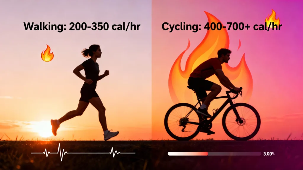 Walking vs Cycling Calorie burn comparison chart of walking and cycling exercises