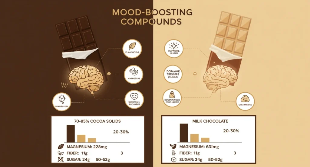 Nutrition benefits of Dark Chocolate vs Milk Chocolate for mood and brain health