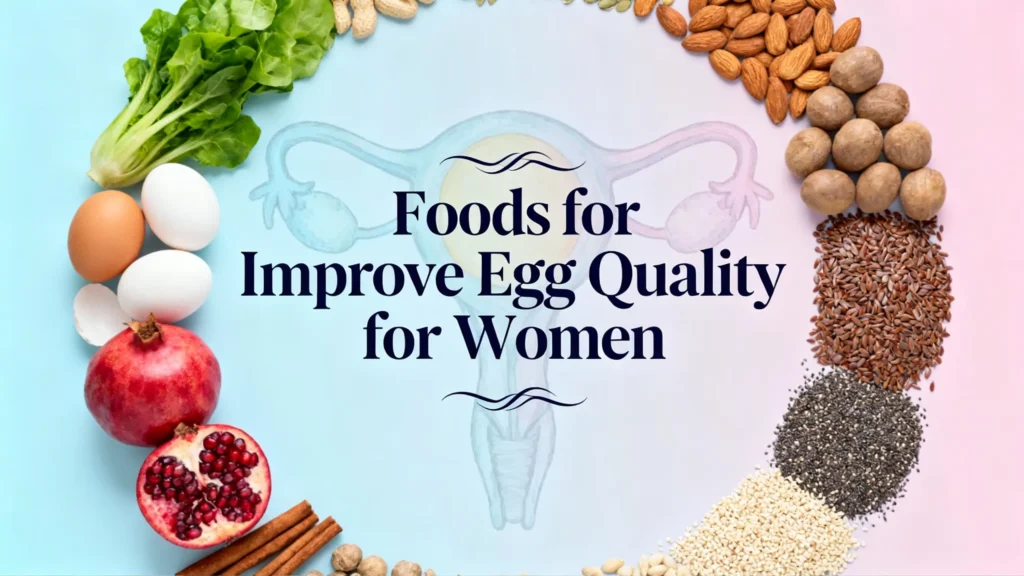 Nutritious foods like green vegetables, almonds, eggs, flax seeds, and pomegranate to improve egg quality for women.