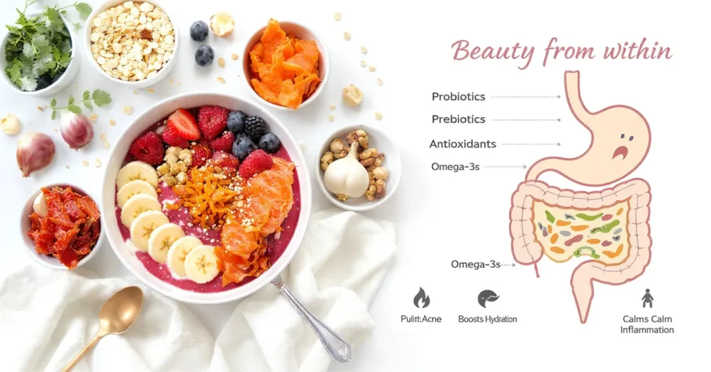 Gut-skin connection infographic showing benefits for clear and glowing skin