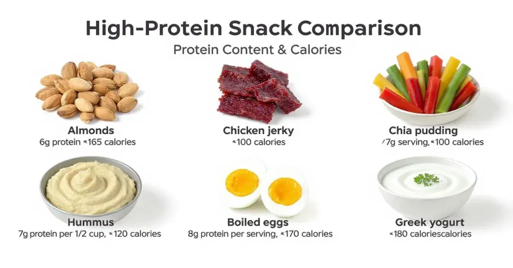 A healthy selection of high-protein snacks including Greek yogurt, boiled eggs, roasted chickpeas, and chia seed pudding — perfect for weight loss, fitness, and muscle gain.