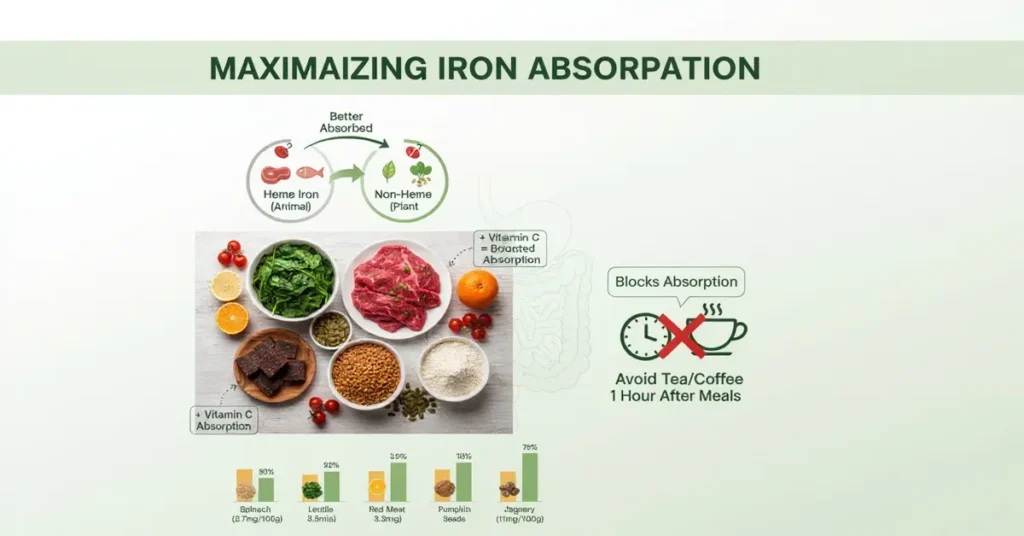 Iron-rich foods including spinach, lentils, nuts, jaggery, and meat