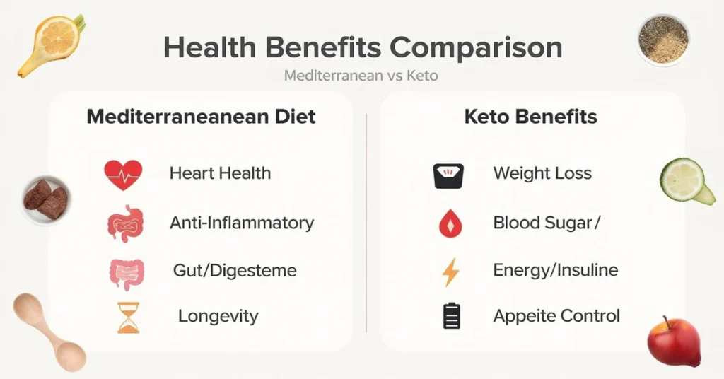 Mediterranean Diet  vs Keto Diet Health Benefits Comparison Chart