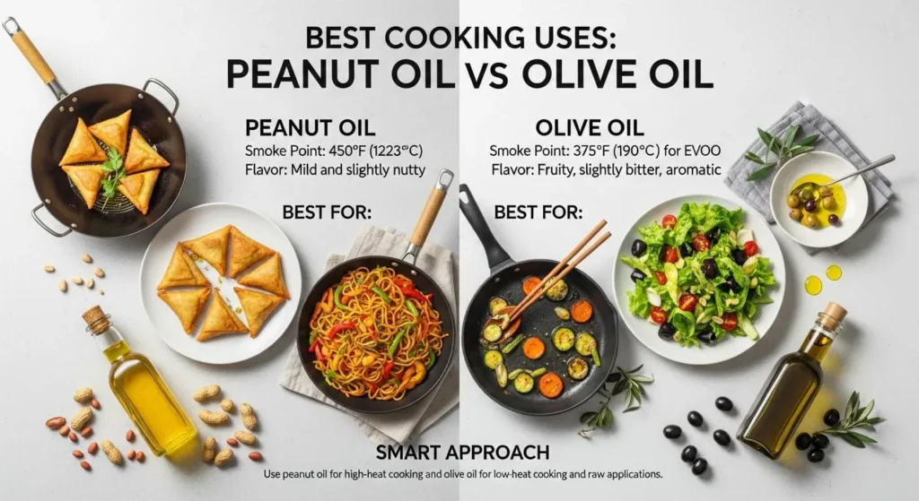 Cooking uses of Peanut Oil vs Olive Oil in frying and salads