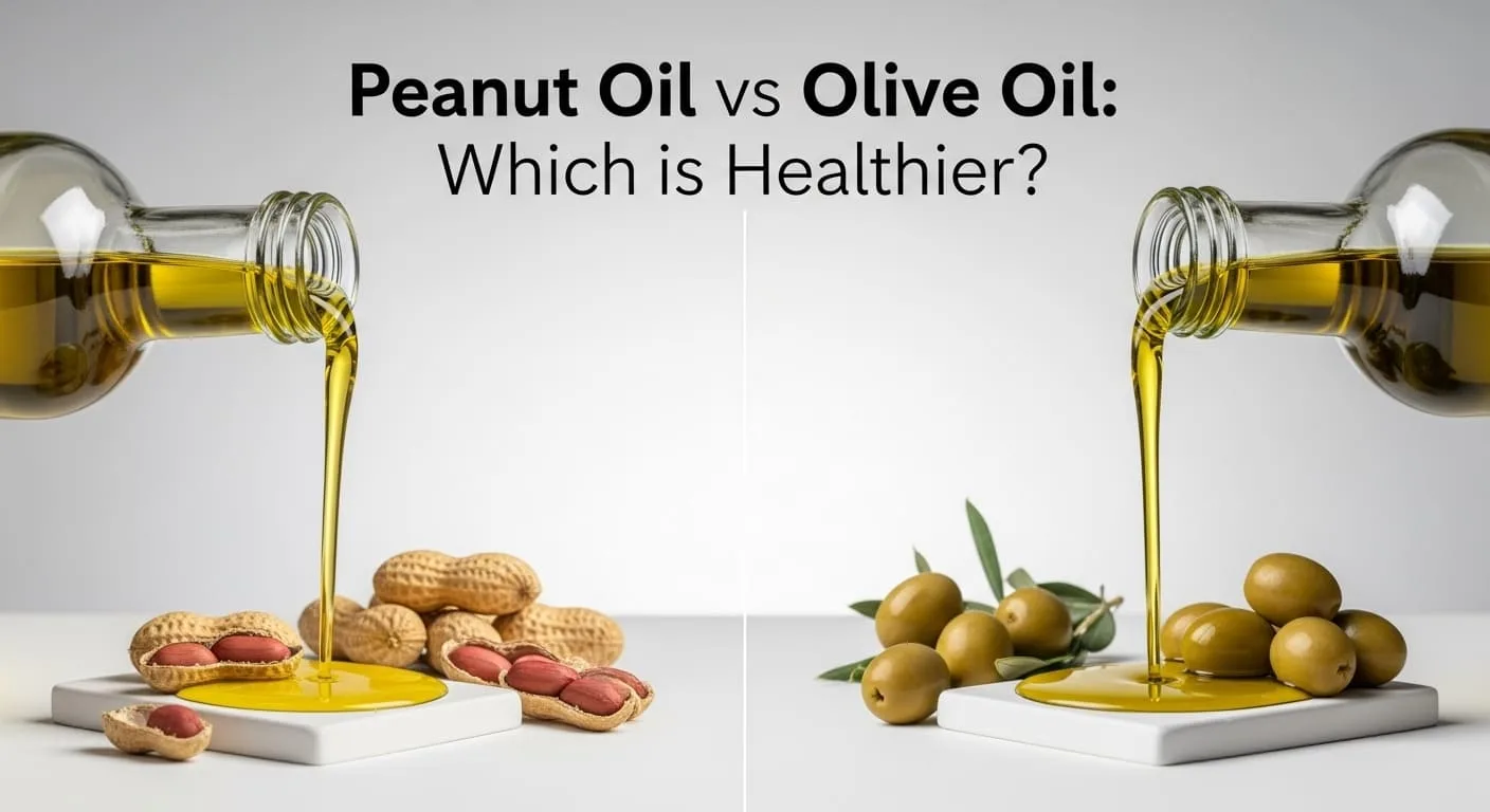 Peanut Oil vs Olive Oil comparison with bottles and healthy foods