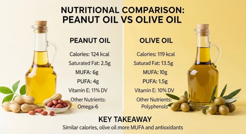 Nutritional chart comparing Peanut Oil vs Olive Oil calories and fats