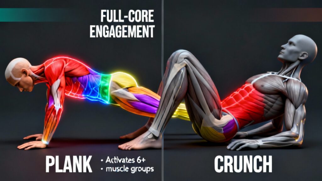 Plank vs Crunch muscle engagement chart showing abs, obliques, glutes, and back activation
