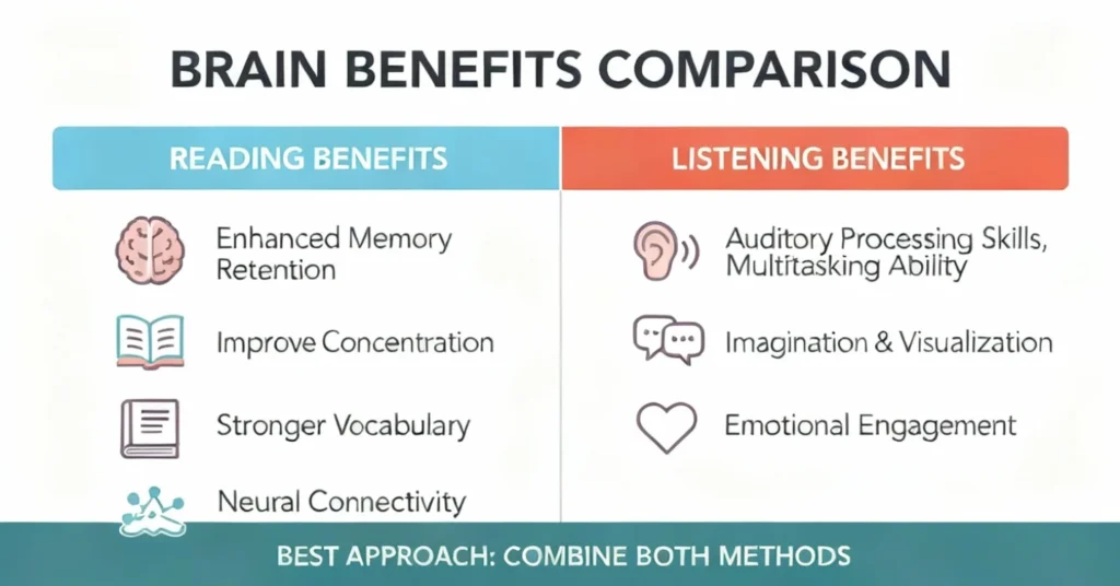 Reading vs Listening to Audiobooks – Cognitive Benefits Comparison Chart