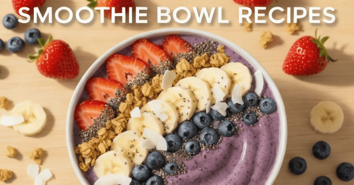 Healthy smoothie bowl topped with fresh fruits, nuts, and seeds