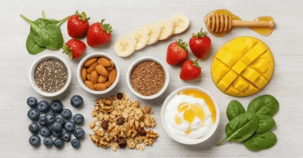 Ingredients for a healthy Smoothie Bowl Recipes including bananas, berries, spinach, and seeds