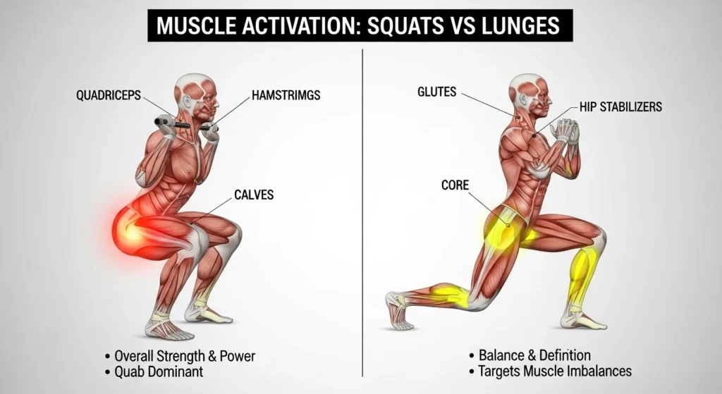 Squats vs Lunges muscle activation chart for quads, glutes, hamstrings, and calves