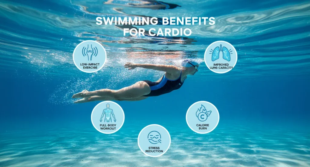 Woman swimming freestyle in a pool for a full-body cardio workout