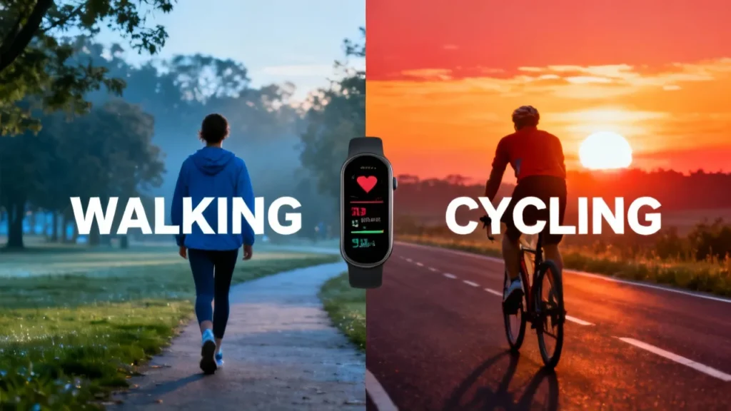 Walking vs Cycling lifestyle comparison showing daily fitness, calorie burn, and health benefits.