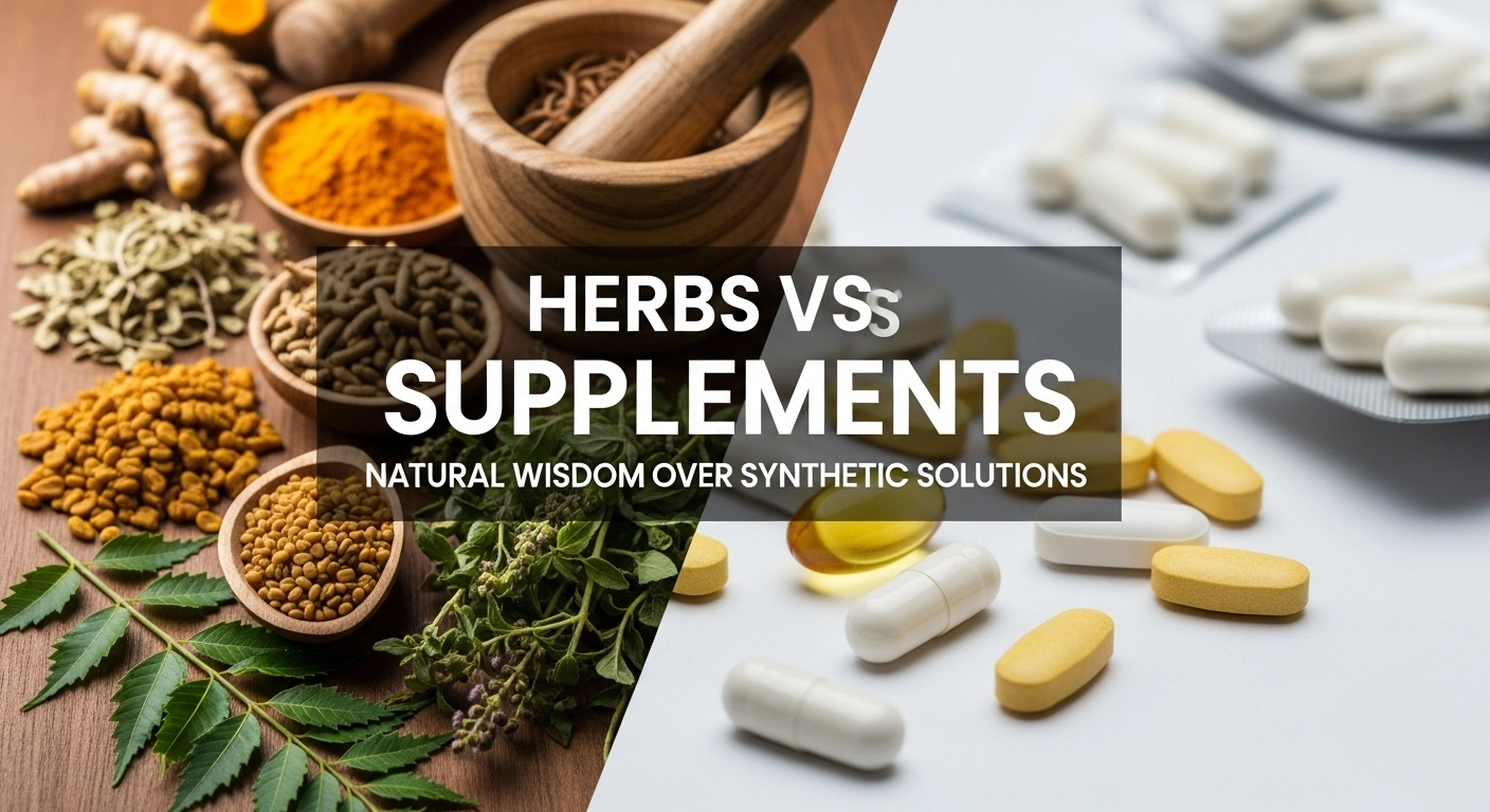 Herbs vs Supplements comparison showing natural Indian herbs and modern pills