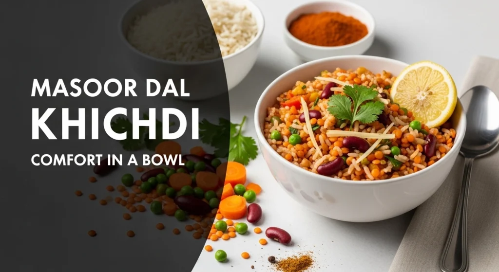 Vegan masoor dal khichdi — a healthy Indian lentil and rice recipe packed with protein and fiber.