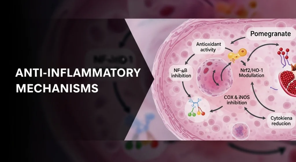 Scientific illustration showing how pomegranate reduces inflammation through antioxidants and polyphenols