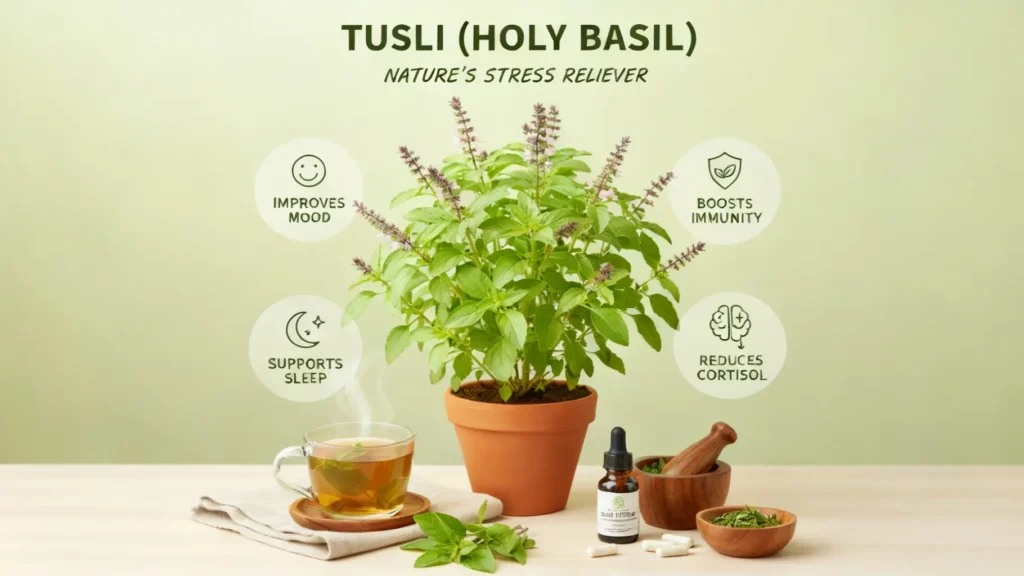 Fresh tulsi leaves and tea showing the health benefits of holy basil