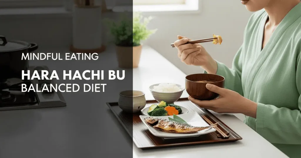 Japanese woman practicing Hara Hachi Bu by eating slowly and stopping before full, Japanese Healthy Tips