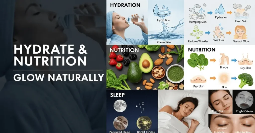 Fresh fruits, water glass, and healthy foods for glowing skin