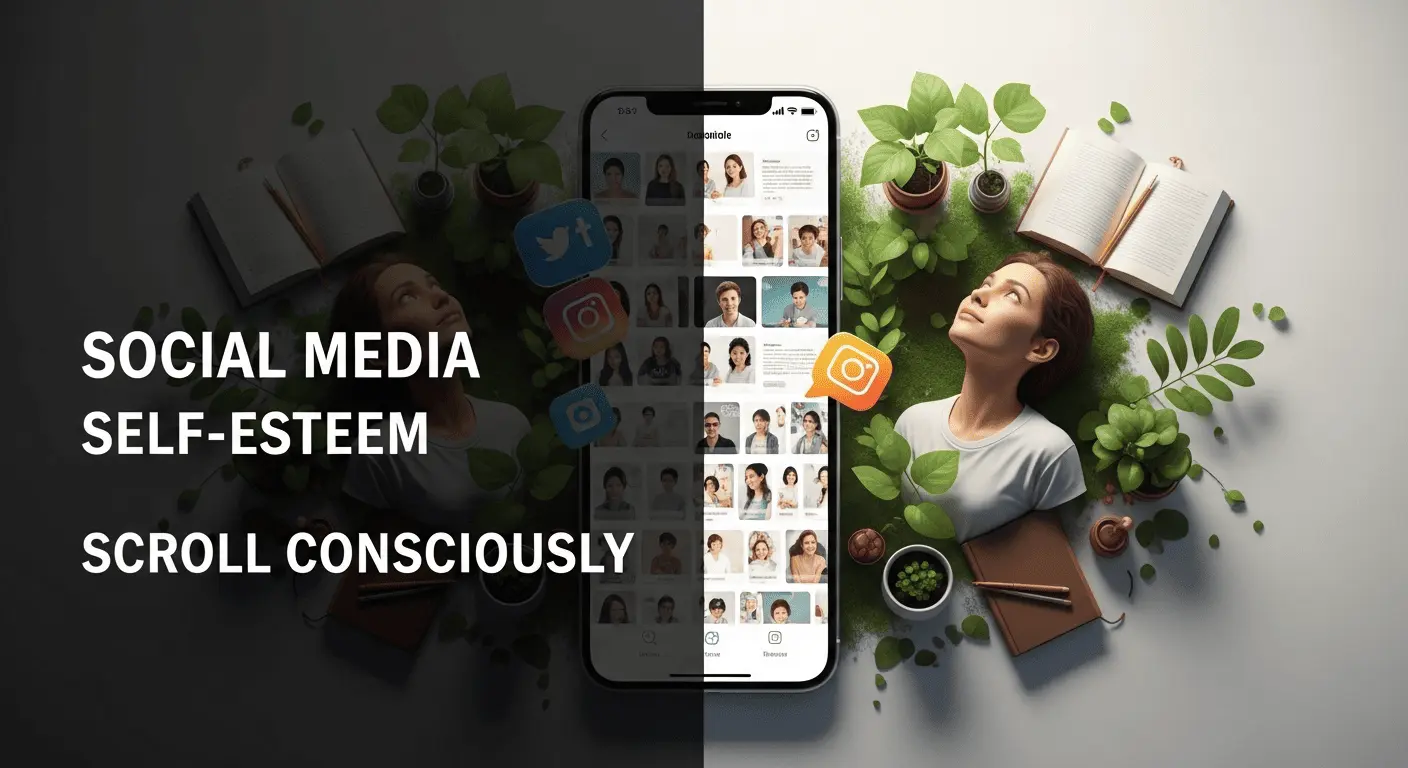 Young woman reflecting on self-esteem while scrolling social media mindfully