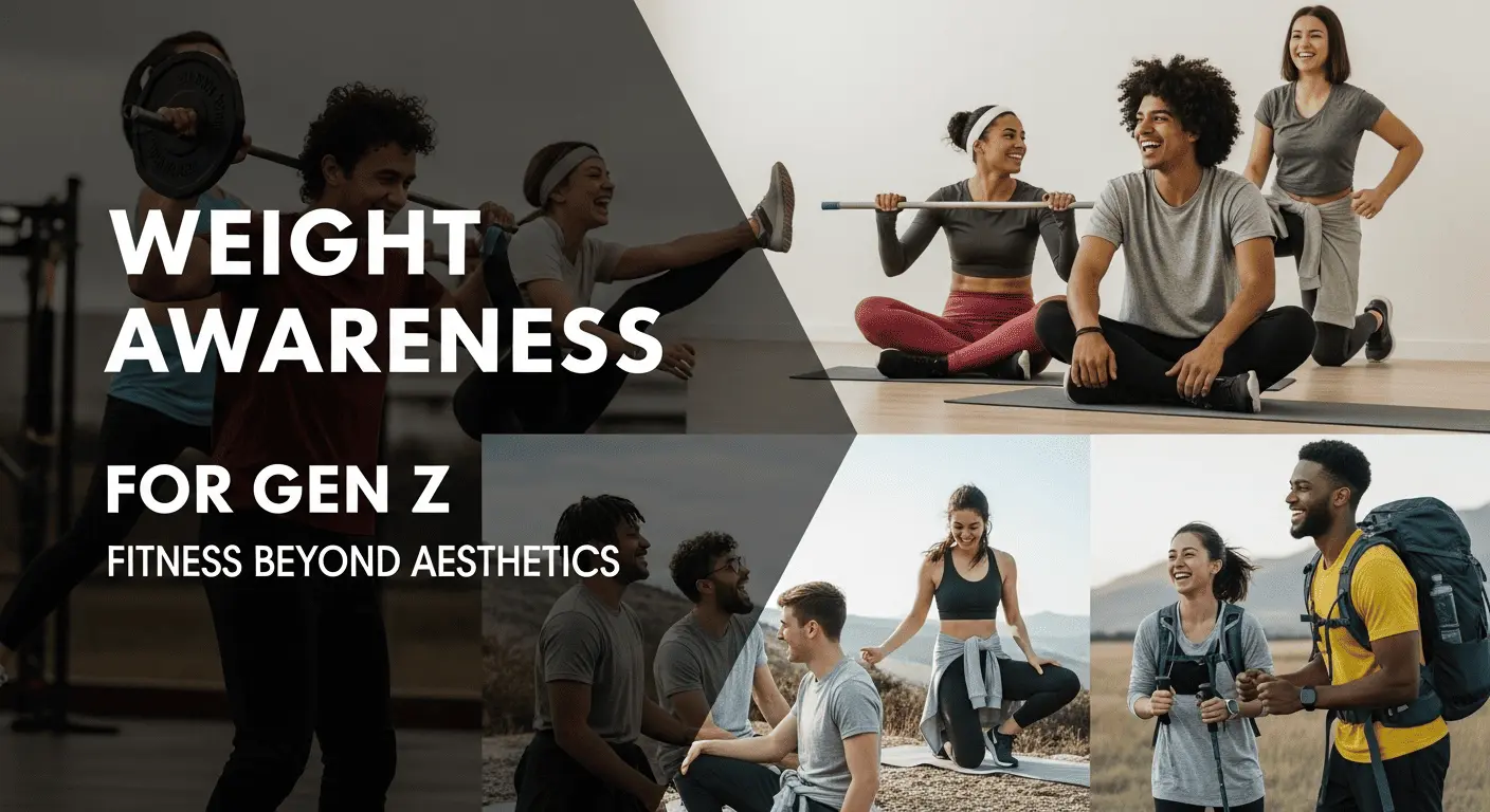 Young Gen Z group practicing mindful fitness and healthy habits for long-term wellness and confidence.