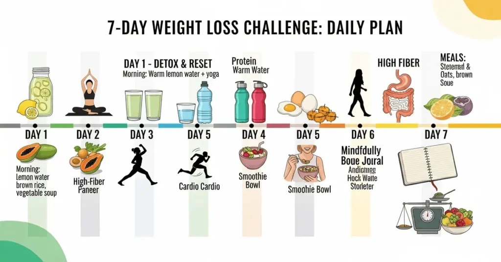 7-Day Challenge daily plan with meals, workouts, and hydration tips