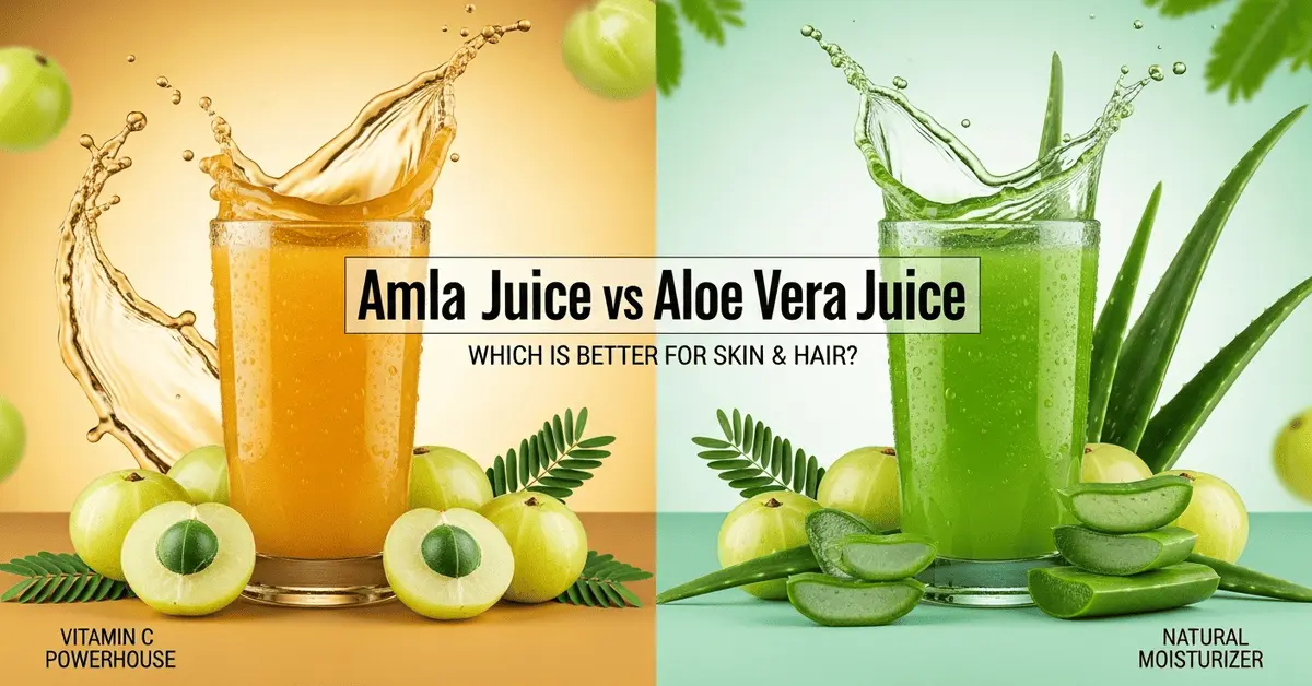 Amla and Aloe Vera Juice side by side for glowing skin and hair care
