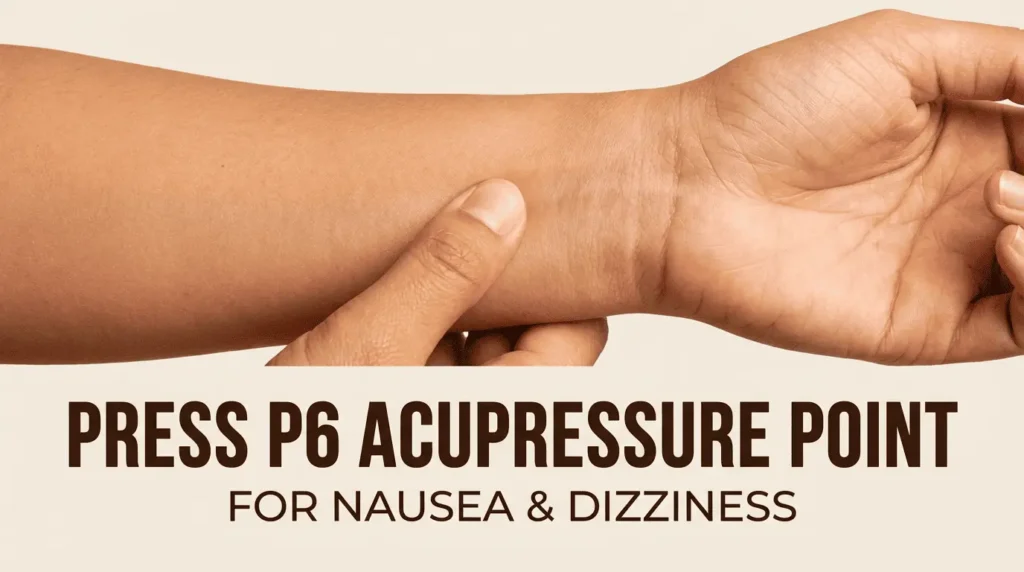 Press P6 acupressure point for nausea, dizziness