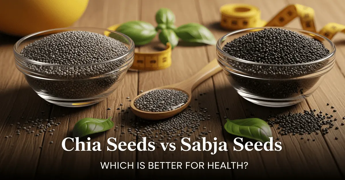 "Featured image showing chia seeds vs sabja seeds side by side"