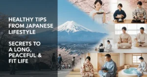 Japanese woman practicing a calm morning wellness routine for a healthy and peaceful life