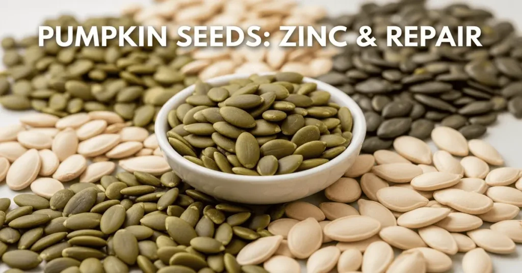 Pumpkin seeds rich in zinc and antioxidants for skin repair