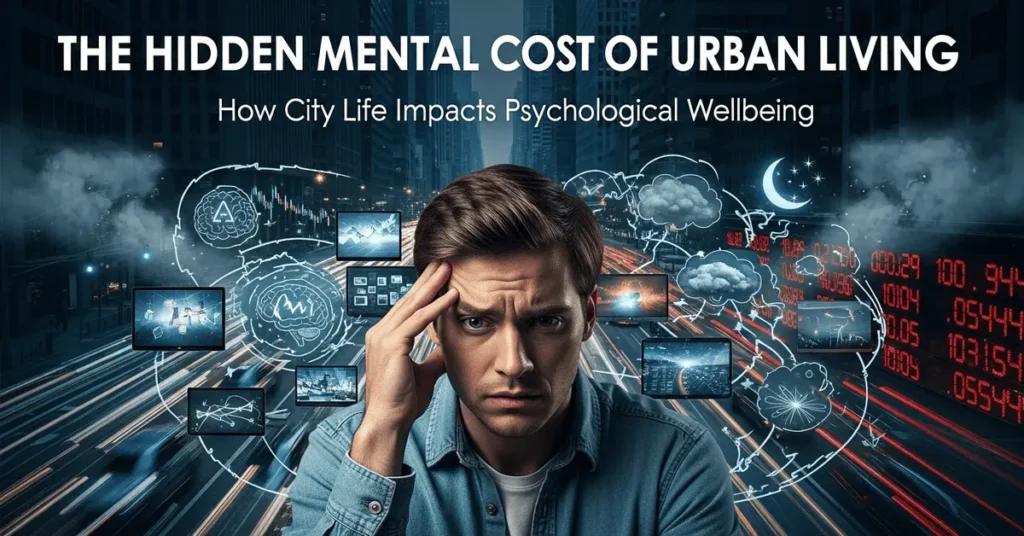 Urban stress factors such as traffic, noise, pollution, and crowded spaces affecting mental health.