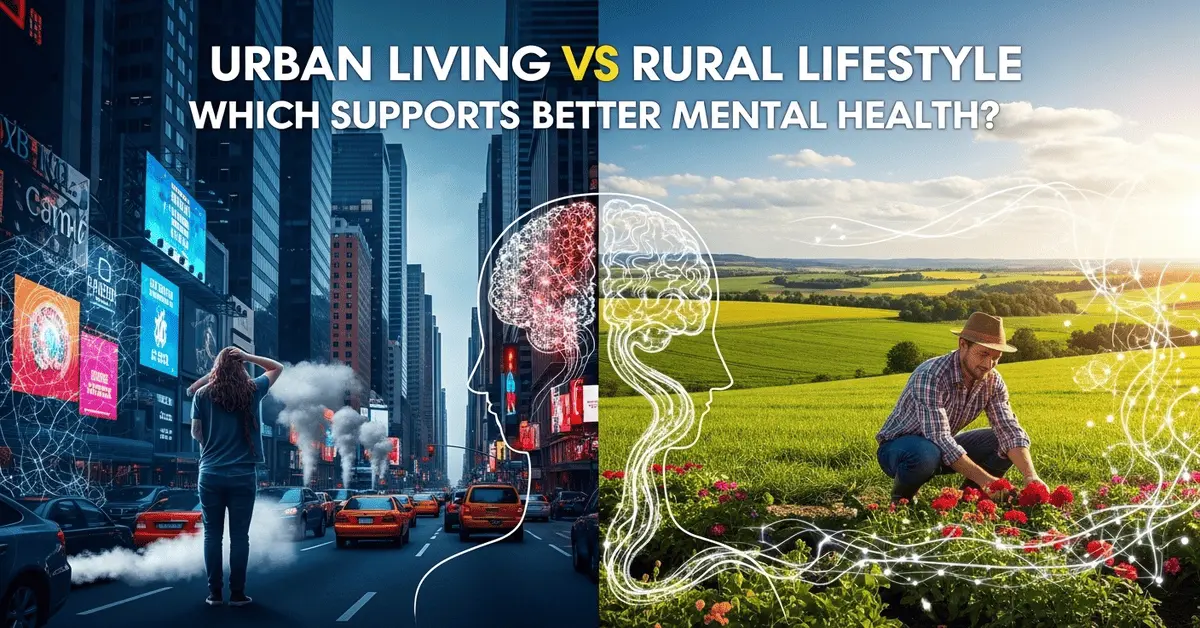 Urban vs rural lifestyle comparison showing city stress vs village peace for mental health.