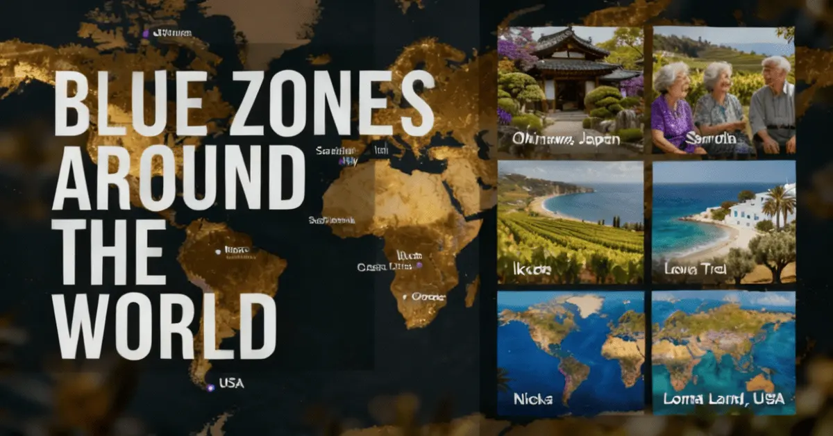 Map showing different Blue Zones around the world known for long-living people